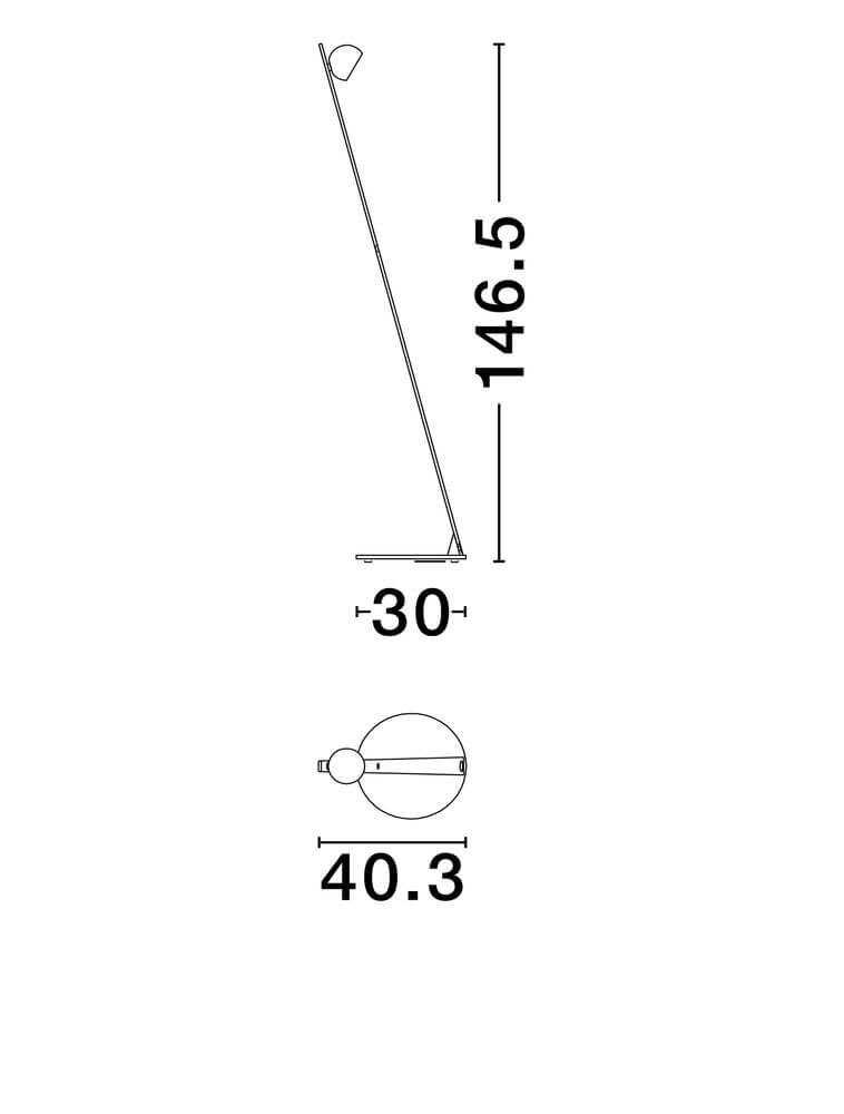 Lusa LED Stehlampe 3000K Champagner, Schwarz Maßzeichnung mit Abmessungen von 30 cm und 146,5 cm.