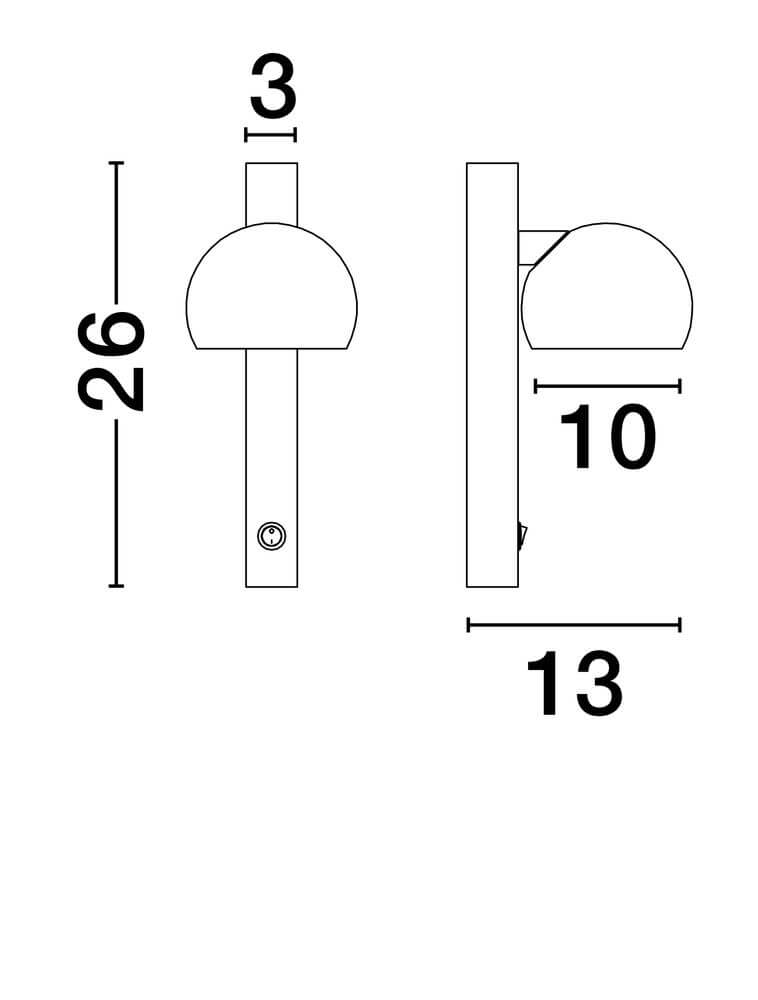 Maßzeichnung der Lusa LED Wandleuchte 3000K mit Abmessungen: Höhe 26 cm, Breite 13 cm, Tiefe 10 cm.