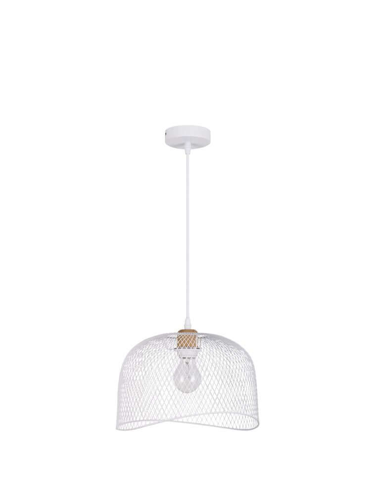 Alt Tag: Lyron Pendelleuchte Ø 30cm weißer matt Metallschirm mit Naturholz-Akzent, filigranes Gitterdesign für modernes Wohnzimmer