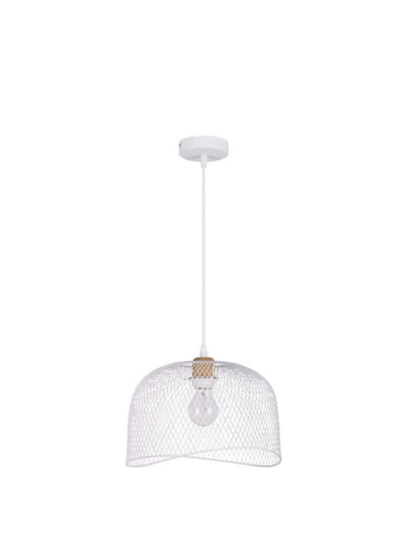 Alt Tag: Lyron Pendelleuchte Ø 30cm weißer matt Metallschirm mit Naturholz-Akzent, filigranes Gitterdesign für modernes Wohnzimmer