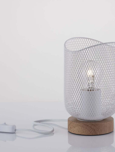Lyron table lamp E27 Ø 12 cm with hand-selected natural wood base and modern design in white.