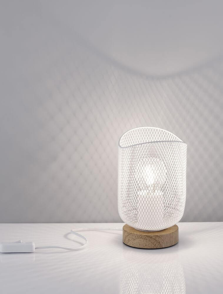 Lyron Tischleuchte E27 Ø 12cm mit Naturholzfuß und weißem Metallschirm, modernes Design.