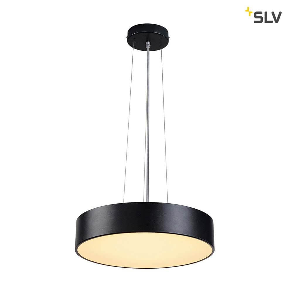 Medo 40 LED Deckenleuchte Schwarz 1-10V 3000K an einem modernen Aufhänger.