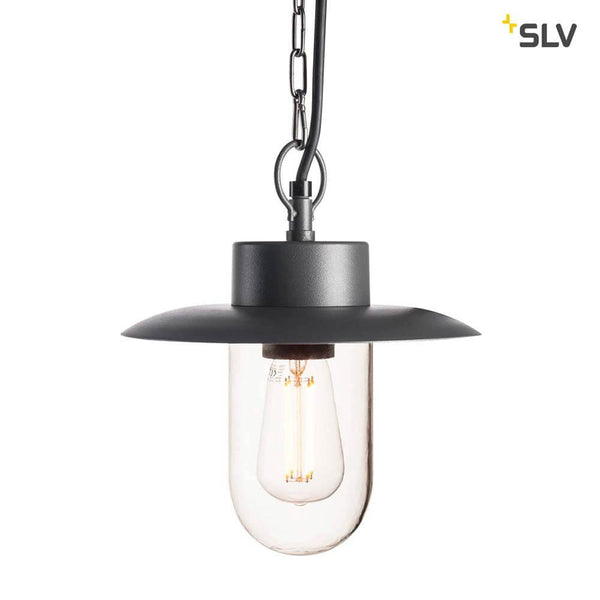 Molat E27 Outdoor Pendelleuchte Anthrazit IP44, elegante Außenlampe aus Aluminium und Glas mit Schutzglas.