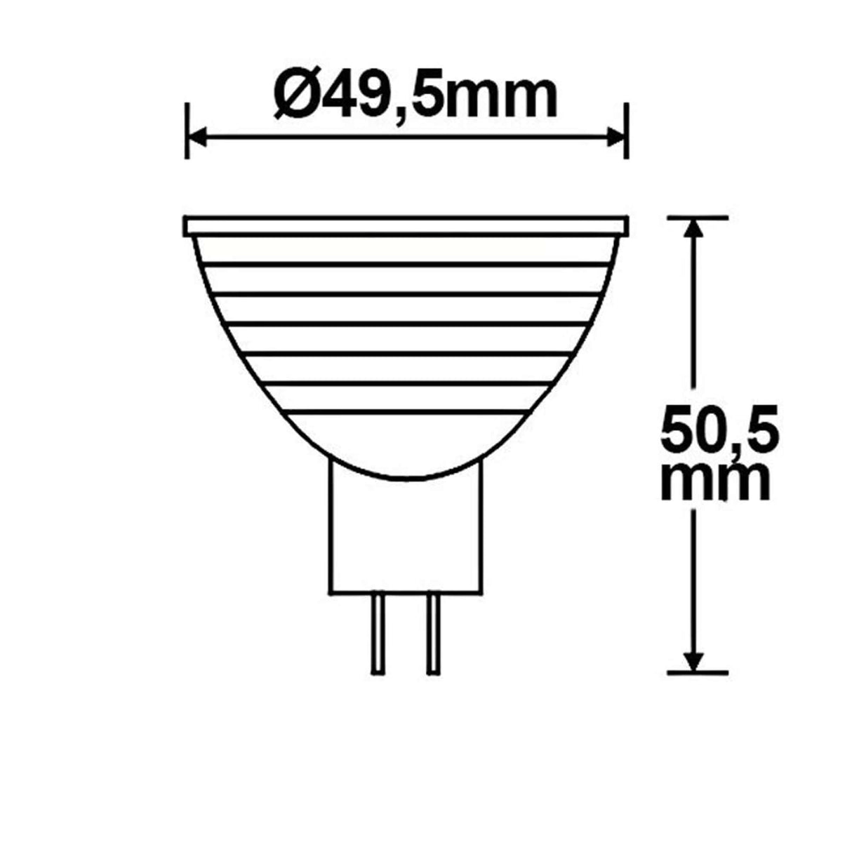 Abmessung eines MR16 LED Leuchtmittels 5W warmweiß dimmbar mit Ø49,5mm und Höhe 50,5mm.