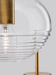 Detailansicht der Maeve Pendelleuchte 3-flammig Ø 30cm Gold, Transparent mit Glasdesign und Aluminium.