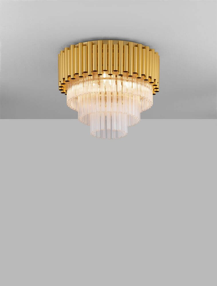 Magnolia Deckenleuchte Zylindrisch 5-flammig Ø 40cm Gold, goldfarbene Aluminiumrahmen mit Kristallprismen.
