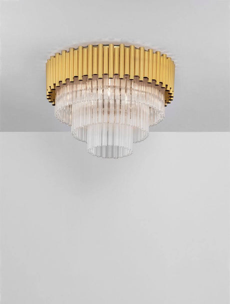 Plafonnier Magnolia cylindrique à 6 lampes Ø 50 cm doré au plafond avec prismes en cristal.