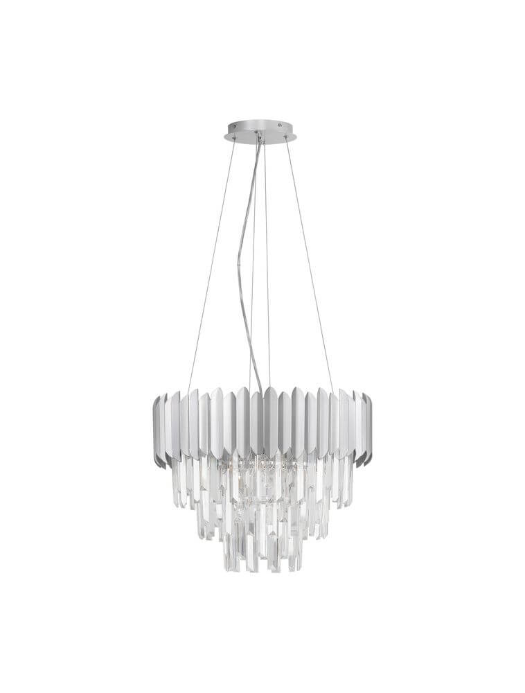 Magnolia Pendelleuchte Prismatisch 6-flammig Ø 50cm mit facettierten Kristallen und goldfarbener Aluminium-Optik.