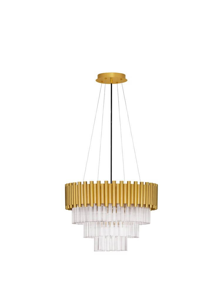 Magnolia Pendelleuchte Zylindrisch 6-flammig Ø 50cm Gold über einem Tisch hängend, luxuriöses Design.