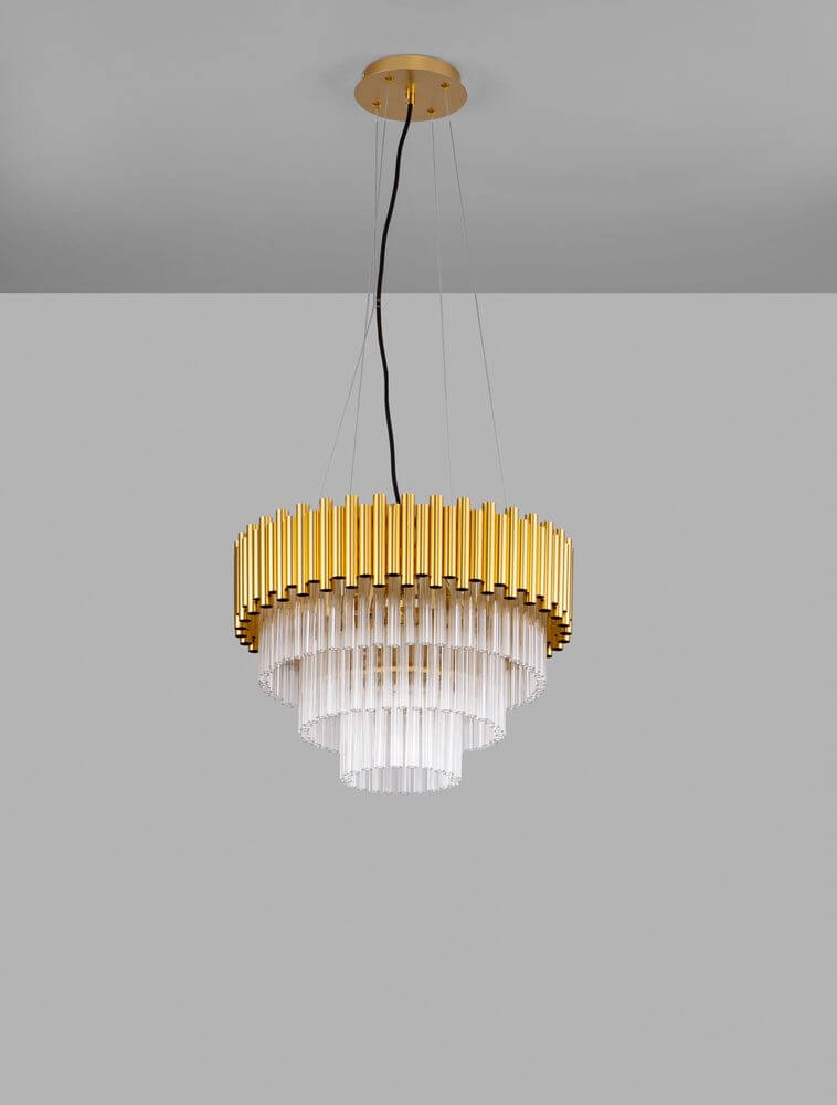 Magnolia Pendelleuchte Zylindrisch 6-flammig Ø 50cm Gold mit goldfarbenem Aluminiumrahmen und Kristallstäben