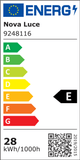 Energielabel von Nova Luce für Magnus LED Pendelleuchte 3-flammig 3000K, Effizienzklasse E, Verbrauch 28 kWh/1000h.