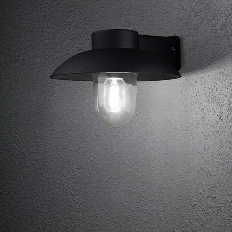 Mani Buitenwandlamp Zwart, helder glas aan een muur gemonteerd met een heldere glazen bol.