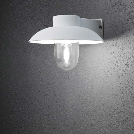 Mani Außen-Wandleuchte Weiß, klares Glas an einer Wand montiert, stilvolles Design mit klarem Licht.
