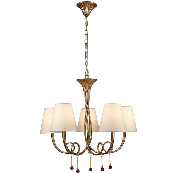 Suspension Paola à 5 lampes au design élégant, de forme ronde et avec abat-jour textile.