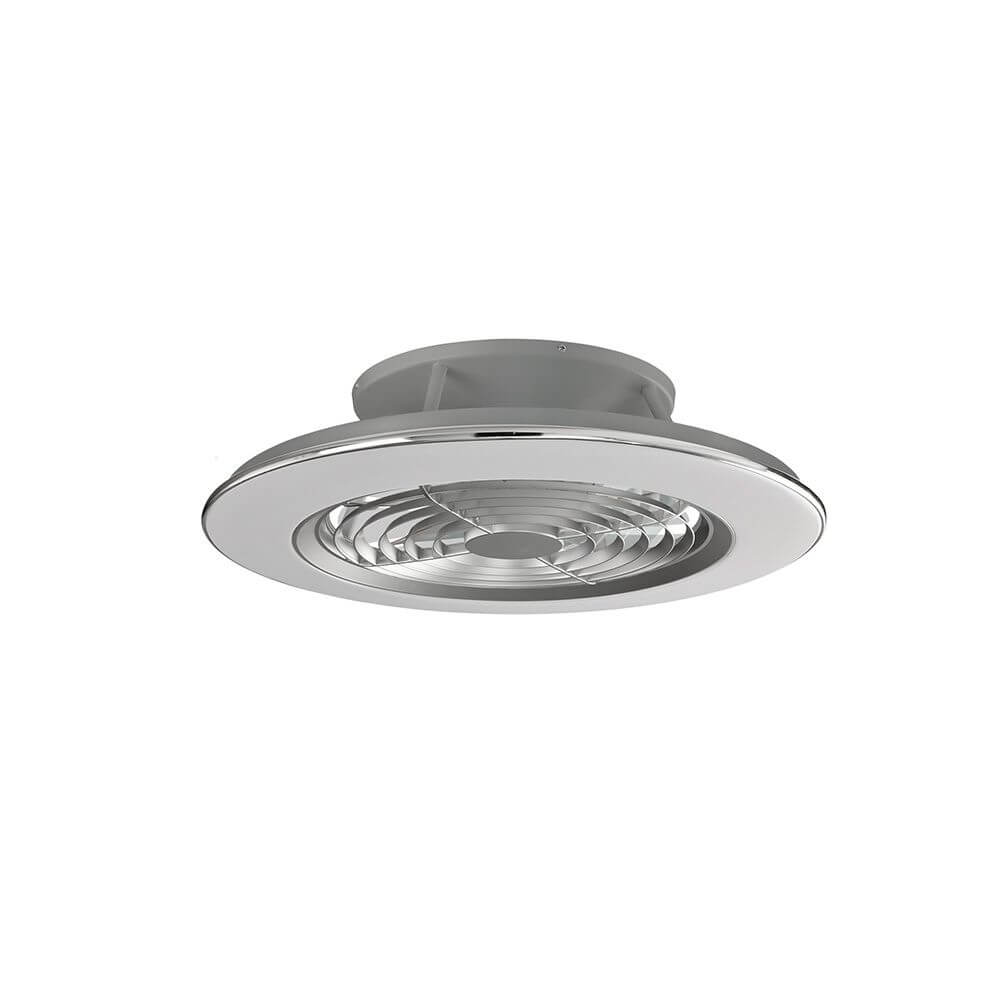 Alisio LED-Deckenleuchte + Ventilator mit modernem Design und runder Form aus Metall und Kunststoff.