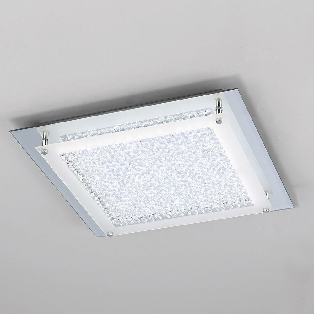 Moderne Crystal LED Deckenleuchte in eckiger Form, Metall und Glas, chromfarbig, ideal für stilvolle Wohnräume.