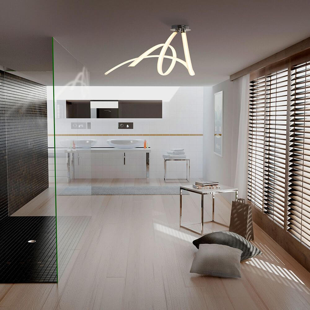 LED-Deckenleuchte Spirale Armonia 66cm in modernem Badezimmer mit Holz-Elementen und minimalistischer Einrichtung.