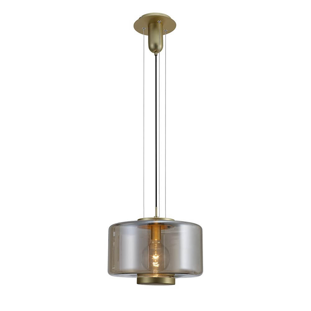 Jarras Pendelleuchte Groß in zylindrischer Form mit Glas und goldener Aufhängung.