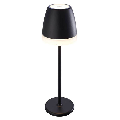 K3 Außen-LED-Tischleuchte in stilvollem Design mit metallischem Fuß und beleuchtetem Schirm.