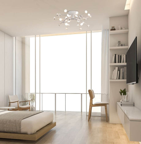 Moderne LED-Deckenleuchte Adn in einem stilvollen Schlafzimmer mit hellem Licht.