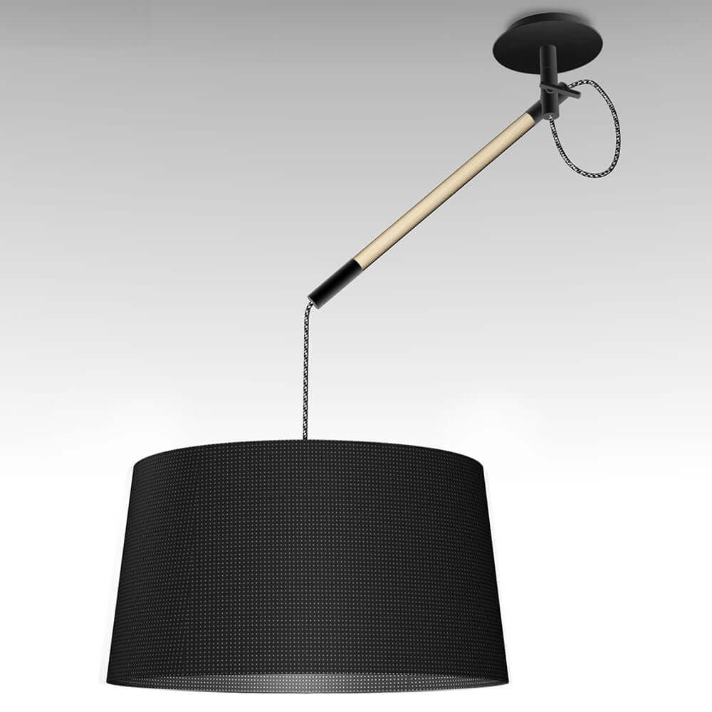 Nordica breite Hängelampe mit schwarzem Schirm und Holzdetails für elegantes Lichtdesign.