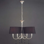 Paola 3-shade 6-light pendant lamp with black fabric and metallic details.