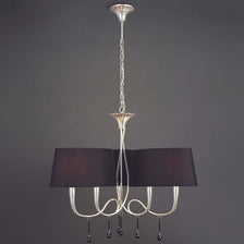 Paola 3 Schirme 6-flammige Pendellampe mit schwarzem Textil und metallischen Details.