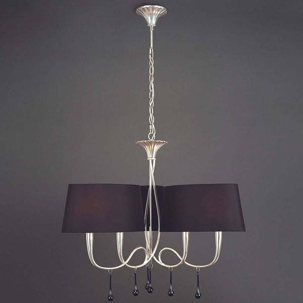 Paola 3 Schirme 6-flammige Pendellampe mit schwarzem Textil und metallischen Details.