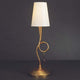 Paola Tischleuchte in modernem Design mit goldener Metallbasis und weißem Lampenschirm.