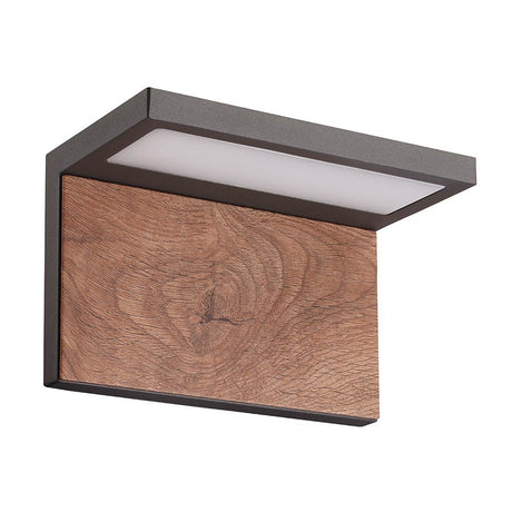 Ruka Outdoor LED-Wandleuchte Dunkelgrau mit eckiger Form aus Metall und Holz.
