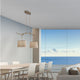 Moderne Sabina Hängeleuchte aus Textil und Holz in stilvollem Wohnambiente mit Meerblick.