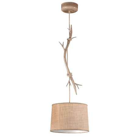 Sabina rustic textile pendant light with a round fabric shade and wooden details in brown.