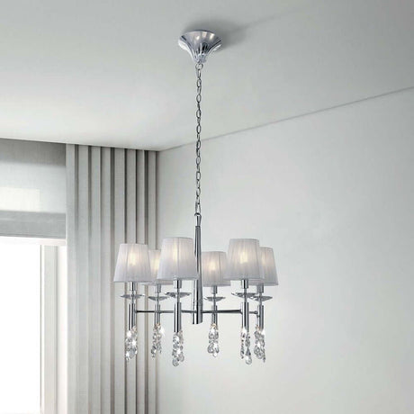 Tiffany hængelampe 6-pære moderne loftslampe lavet af metal og tekstil med glaskrystaller