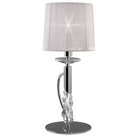 Tiffany Tischlampe mit runder Form aus Metall und Textil, perfektes modernes Lichtdesign für anspruchsvolle Räume.
