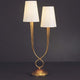 Tischlampe Paola mit zwei Textilschirmen und Metallfuß für modernes Wohndesign.