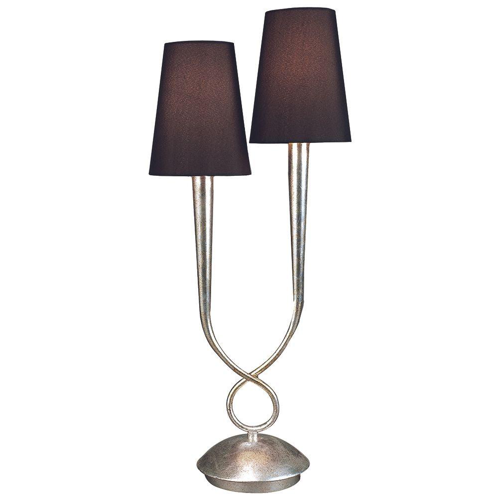 Tischlampe Paola mit zwei schwarzen Lampenschirmen und eleganter Metallbasis in modernem Design.