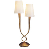 Tischlampe Paola in Gold mit zwei Textilschirmen, modern und elegant für stilvolle Wohnräume.