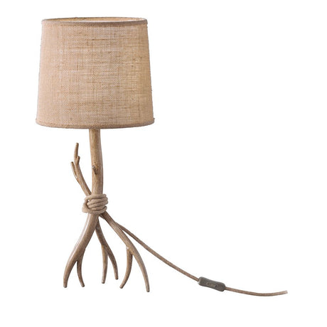 Tischlampe Sabina Braun, Textil mit runder Textilschirm und Holzfuß im eleganten Design.