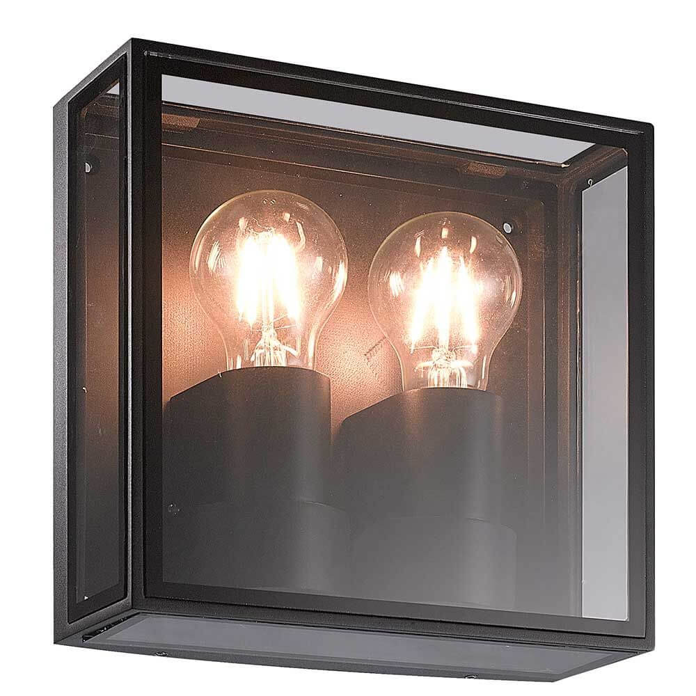 Verbier Retro-Außenwandleuchte mit rechteckiger Form und zwei Glühbirnen, ideal für Außenbereiche.