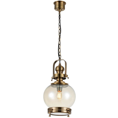 Vintage pendant light with glass globe in brass, in a clear round shape and antique brass finish.