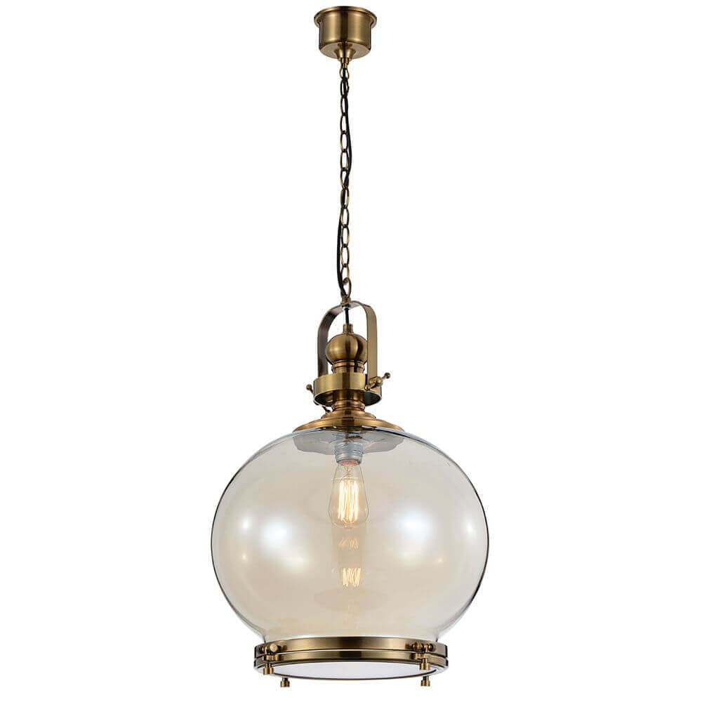 Vintage Hängeleuchte mit Glaskugel und Messing, ideal für Dein modernes Wohnambiente.
