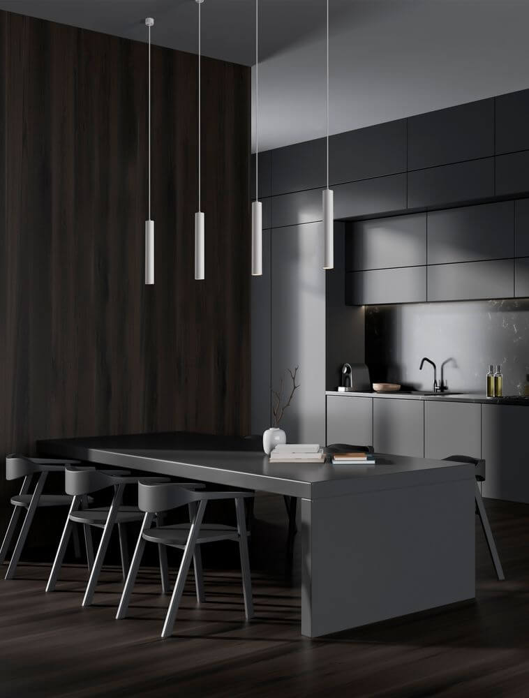 Mare Pendelleuchte Ø 5,5cm Glatt - schlanke schwarze Aluminium Pendelleuchte über Esstisch, modernes minimalistisches Wohnraum-Design