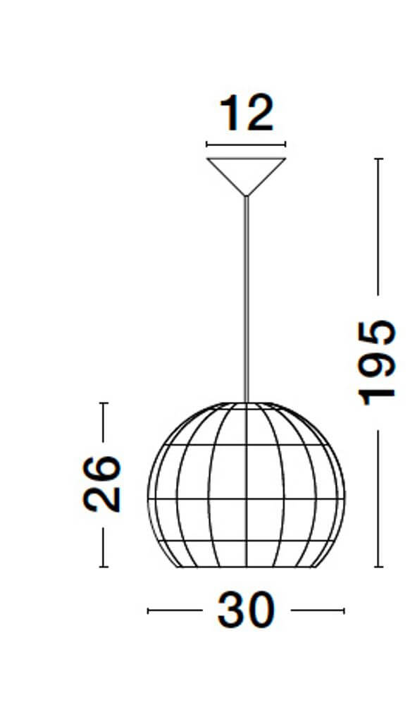 Maßskizze der Marlo Pendelleuchte Kuppel Beige Rattan, Höhe 195 cm, Durchmesser 30 cm.
