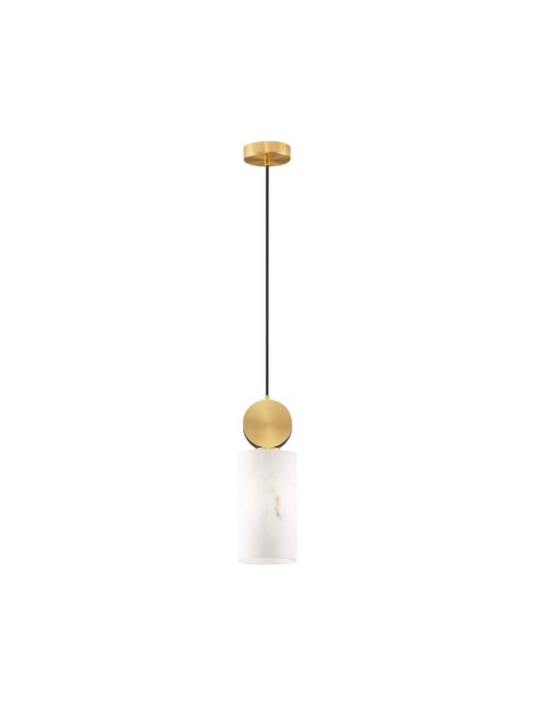 Elegante Maru Pendelleuchte Gold mit schwarzem Kabel und weißem Lampenschirm, ideal für moderne Innenräume.