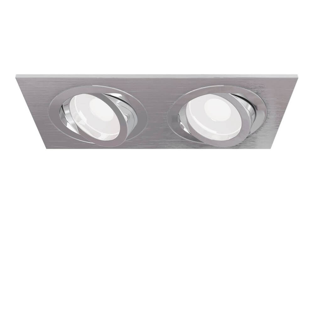 Atom Doppel Einbauleuchte eckig in Silber mit zwei verstellbaren Strahlern.
