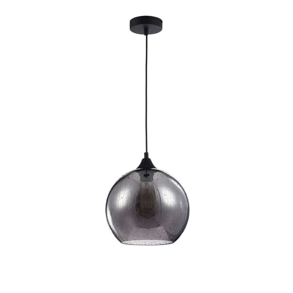 Bergen Glas-Pendelleuchte Ø 25cm mit Metallrahmen und Rauchglas-Diffusor im Tropfen-Effekt.
