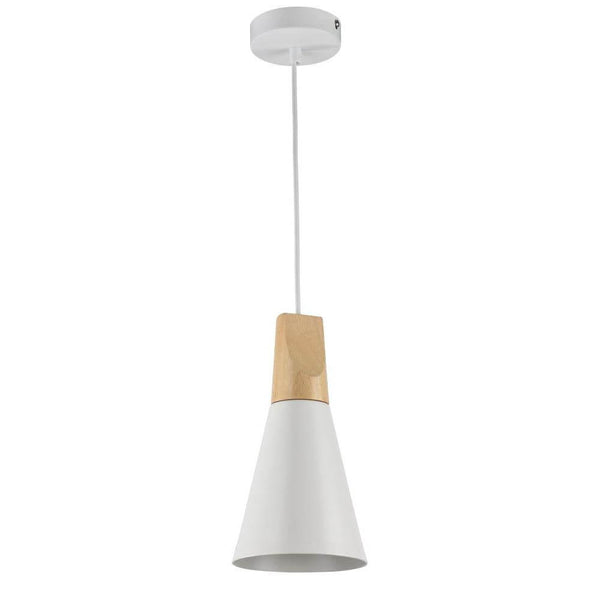 Bicones Hängelampe Ø 14cm mit Metall-Deckenbaldachin und Holz-Diffusor.