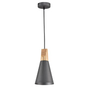 Bicones hængelampe Ø 14cm med metalloft baldakin og dekorativt træelement.