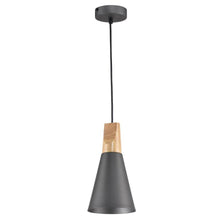 Bicones Hängelampe Ø 14cm mit Metall-Deckenbaldachin und dekorativem Holzelement.